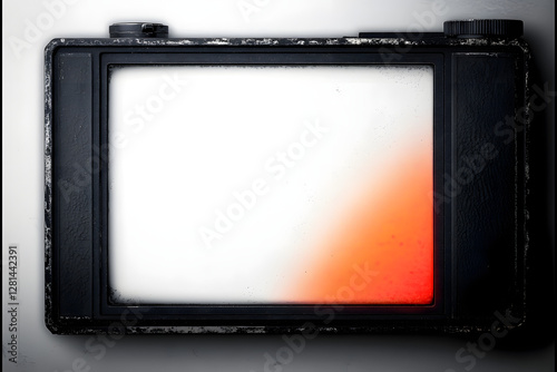 Vintage noir style photo film frame of an old camera with vignetting, dusts and scratches and red flare on transparent background (png image).