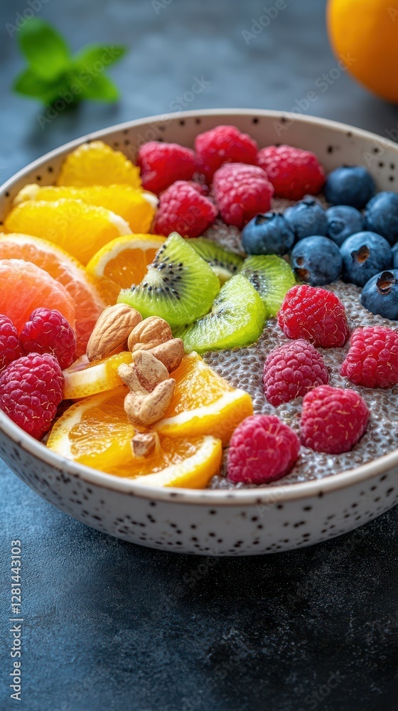 Colorful chia seed pudding topped with fresh berries and citrus fruit on a dark background Colorful chia seed pudding topped with fresh berries and citrus fruit on a dark background