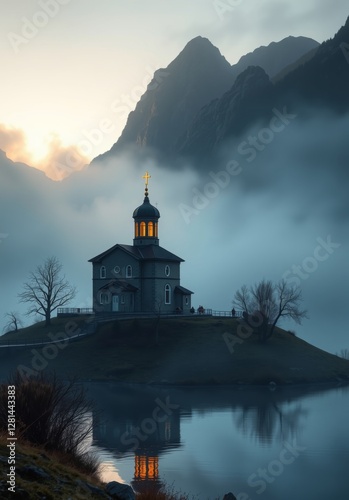 The serene ecclesiastic structure stands amidst a foggy lake and towering mountains, portraying tranquility and spiritual solitude in nature's embrace, reflecting peace.
