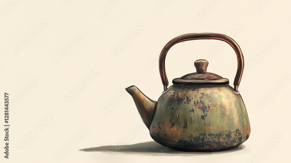 A detailed realistic illustration of an old Nanyang Kopitiam kettle A detailed realistic illustration of an old Nanyang Kopitiam kettle