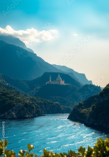 A majestic monastery perched on a mountain peak, enhanced by the gorgeous waterways below, capturing the enchanting beauty of nature and spirituality melded together.