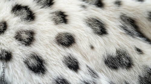 A close-up image of the texture and pattern on a snow leopard's fur, showing its softness with black spots scattered throughout the white hair.