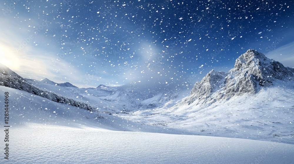 Fototapeta premium Snowy Mountain Landscape with Falling Snow
