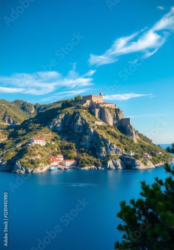 An ancient fortress sits proudly atop a hill, overlooking the stunning coastal sea, symbolizing strength and resilience amidst the enchanting beauty of nature's panorama.