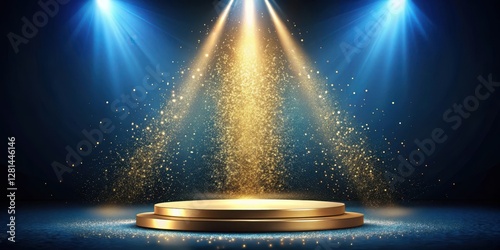 Luxurious empty podium with spotlight and golden glitter on blue background , evening ambiance