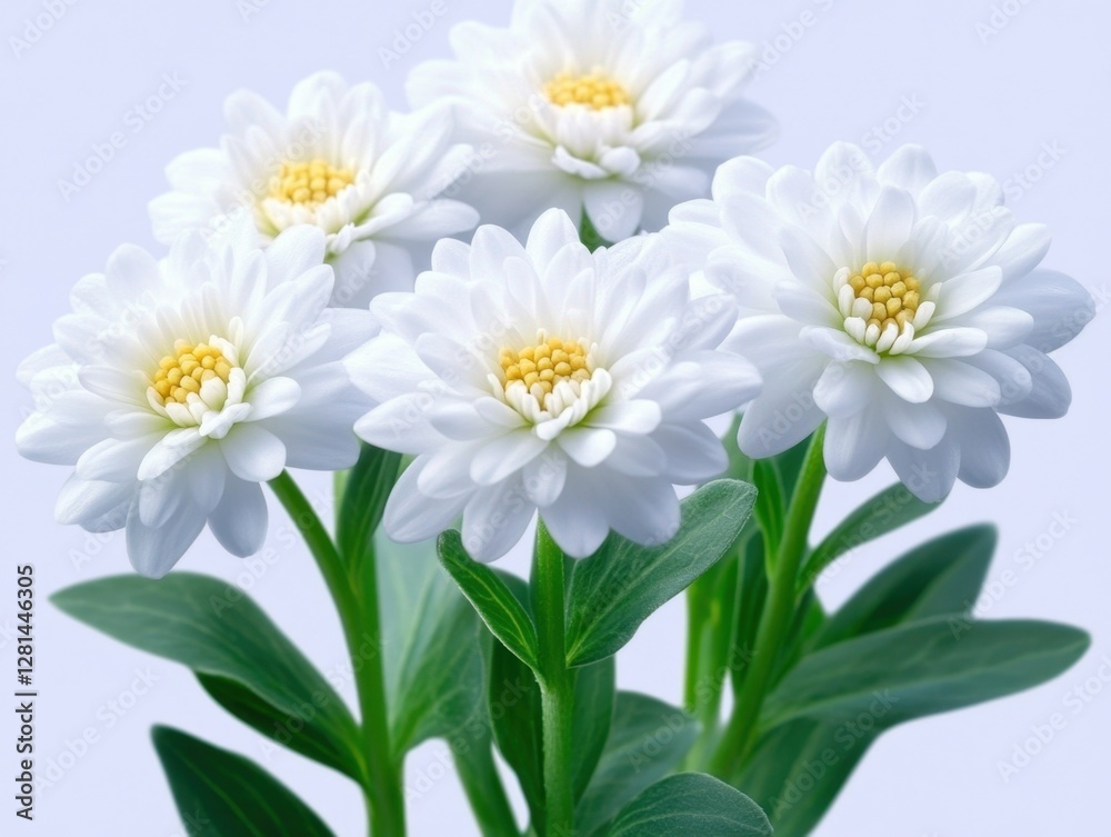 Obraz premium Elegant White Chrysanthemum Flowers with Vibrant Green Leaves on Soft Blue Background in a Serene Floral Composition