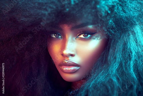 Long haircut - afro hair. Commercial marketing conceptual art. Lovely calm mixed-race girl - for ads, marketing material and social online ad use. African elegance portraits.