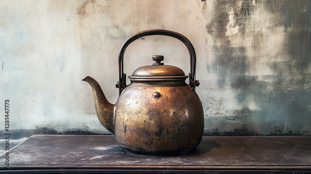A specialized old kettle, typically with a cover, designed for boiling water over a charcoal stove A specialized old kettle, typically with a cover, designed for boiling water over a charcoal stove