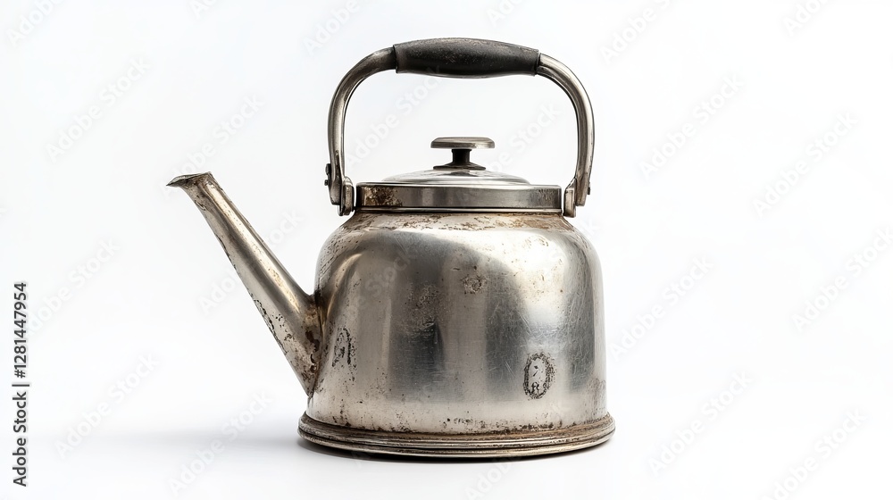 A stainless steel military-style old kettle on a white background A stainless steel military-style old kettle on a white background