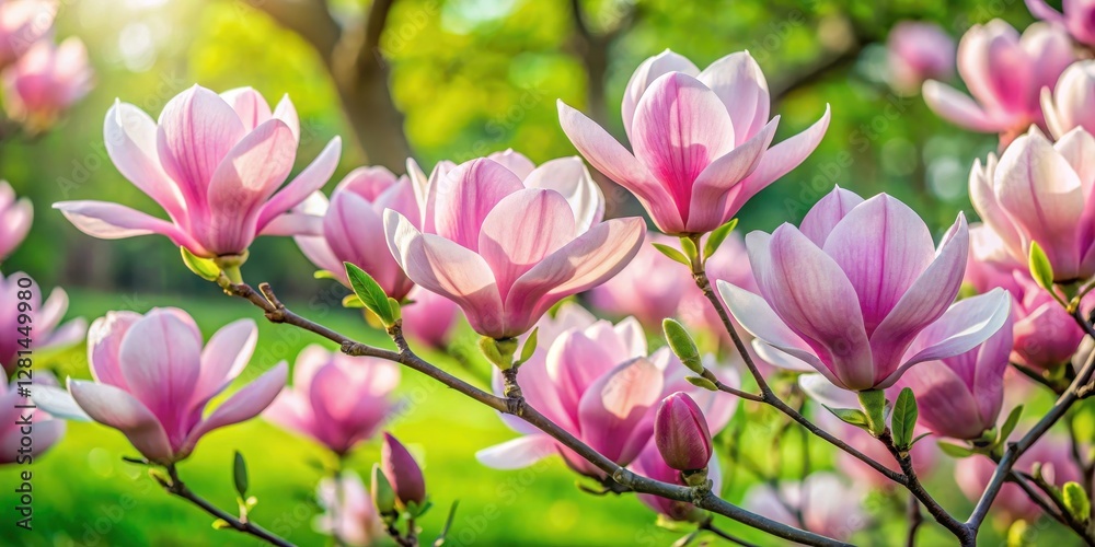 Obraz premium Large elegant pink magnolia flowers in full bloom with delicate white petals and a slender stem in a lush green garden