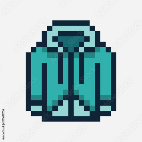 A pixel zipper hoodie or jacket in a teal color. It has a front pocket and a hood with drawstrings.