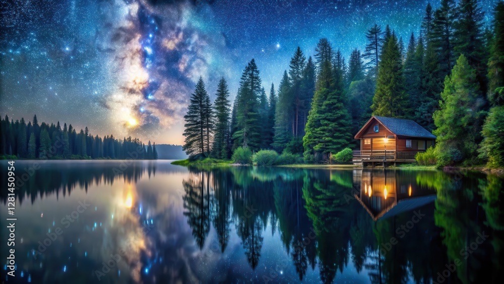 Cabin nestled on the edge of a serene lake