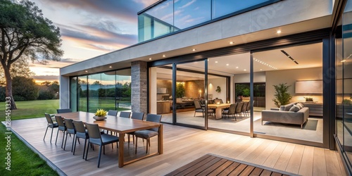A modern house with large glass windows and sliding doors opening up to a spacious patio perfect for outdoor dining and relaxation , contemporary home , spacious patio