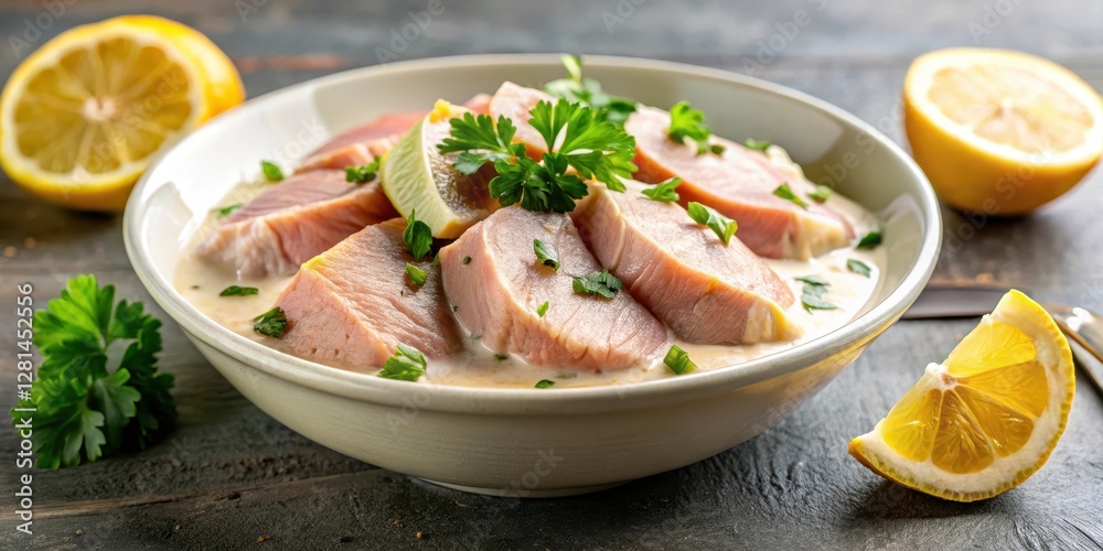 Thinly sliced veal served in a delicate bowl with a creamy tuna sauce and garnished with fresh parsley and lemon wedges, meat dish, seafood pasta Thinly sliced veal served in a delicate bowl with a creamy tuna sauce and garnished with fresh parsley and lemon wedges, meat dish, seafood pasta