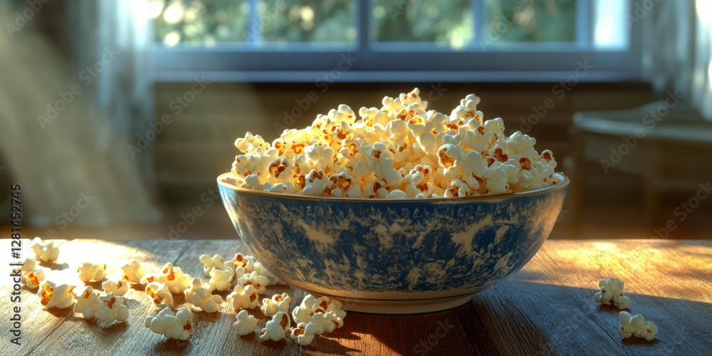 Freshly popped popcorn in a blue bowl on a wooden table by the window in warm afternoon light Freshly popped popcorn in a blue bowl on a wooden table by the window in warm afternoon light