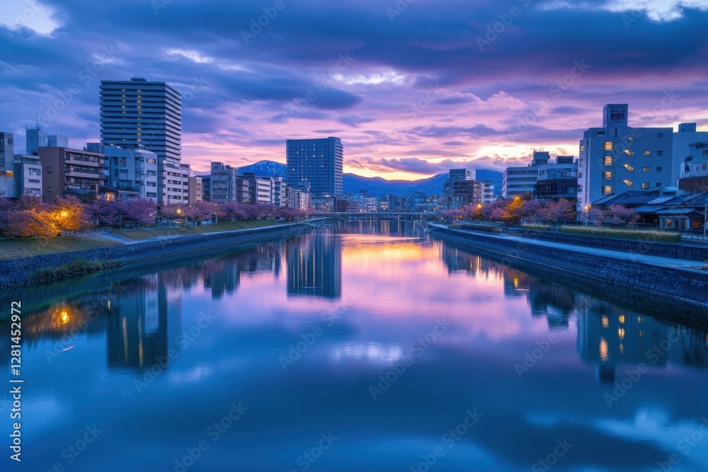 Obraz premium Toyama, Japan City Skyline with Tateyama Mountain in Twilight