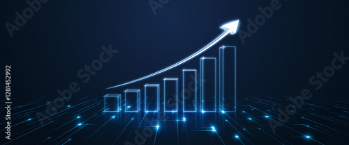 A glowing digital graph with an upward trend and an arrow pointing toward success, representing growth, progress, and innovation in the tech and business sectors.