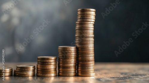 Stacks of coins increasing in height with tax labels on each stack