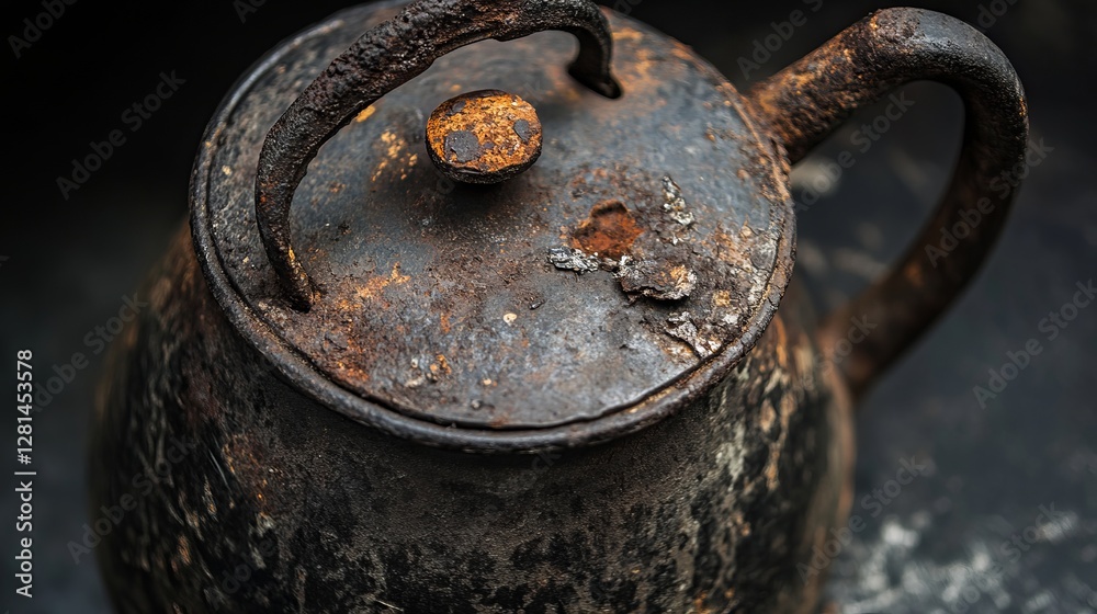 A worn-out black iron kettle with a broken handle, showing signs of rust A worn-out black iron kettle with a broken handle, showing signs of rust