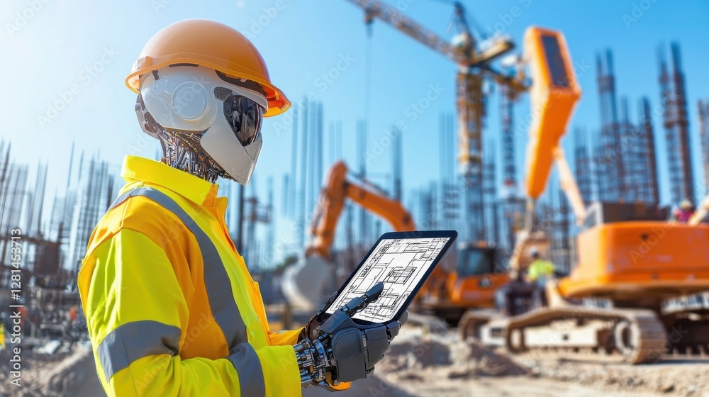 A full body humanoid construction robot, wearing a high tech helmet and reinforced work suit, holding a digital blueprint tablet, standing A full body humanoid construction robot, wearing a high tech helmet and reinforced work suit, holding a digital blueprint tablet, standing