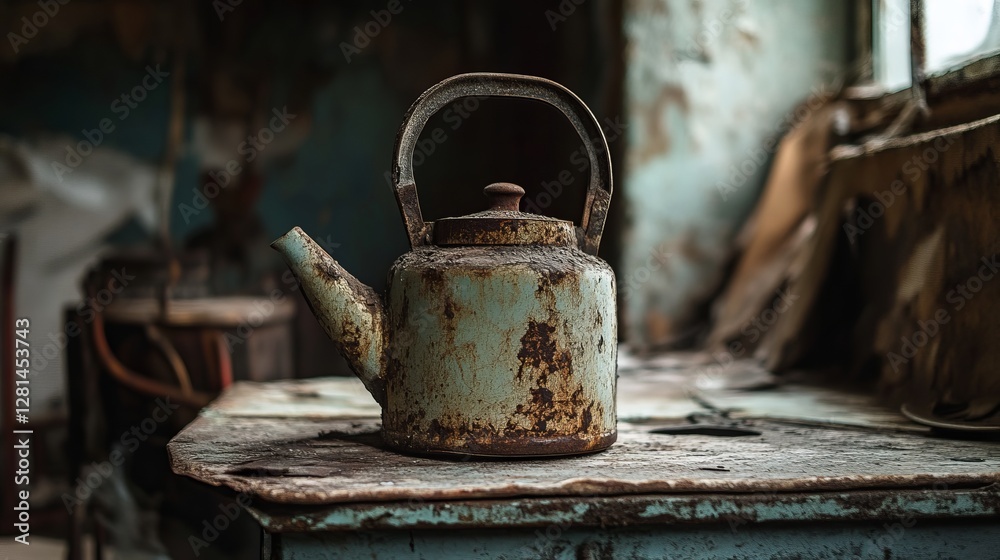 A worn-out kettle left behind in an abandoned home, evoking a sense of nostalgia A worn-out kettle left behind in an abandoned home, evoking a sense of nostalgia