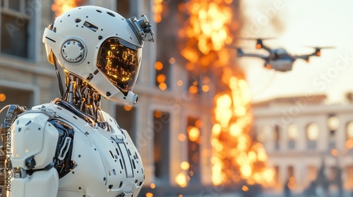 A full body humanoid firefighter robot, clad in a futuristic fire resistant suit and helmet, carrying a high tech fire hose, standing in front