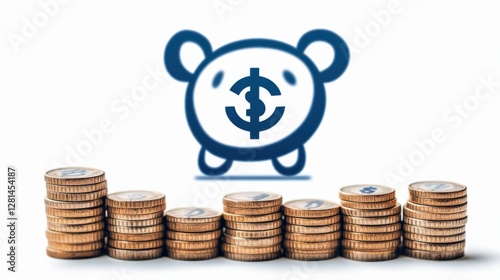 Cute piggy bank graphic with coins stacked, symbolizing savings and financial growth photo