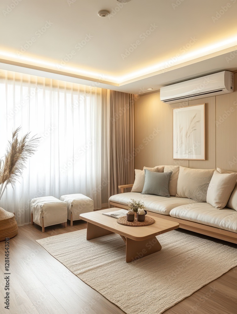 Fototapeta premium The light beige living room with modern design and soft cushions