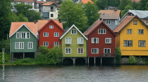 Trondheim Cityscape: Vibrant Houses by the Water in Norwegian Village