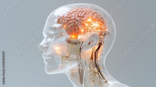 A futuristic human head with a transparent skull, revealing a glowing neural interface and cybernetic brain implants, symbolizing brain computer integration