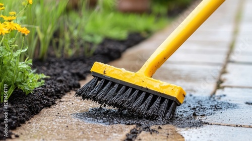 Yellow handled brush sweeps soil from patio pavers, beside a flowerbed, after gardening work.