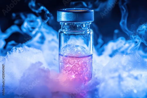 Obraz na płótnie Vial Surrounded by Dry Ice Containing Stem Cell Sample for Cryopreservation w salonie