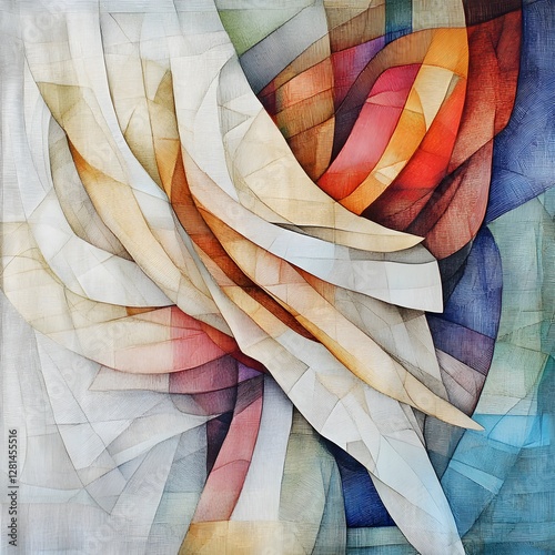 Abstract artwork featuring a dynamic arrangement of swirling shapes in muted hues, with intricate line work, creating a sense of movement and depth.