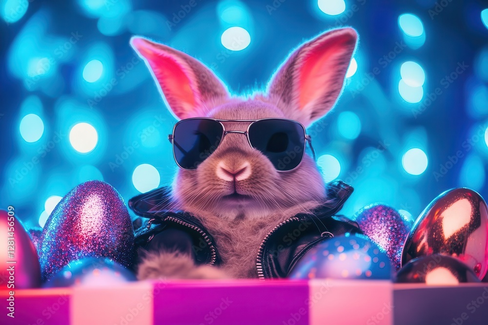a playful easter bunny wearing retro sunglasses and a leather jacket lounging in a neonlit gift box surrounded by metallic easter eggs cyberpunk style with vibrant blue background