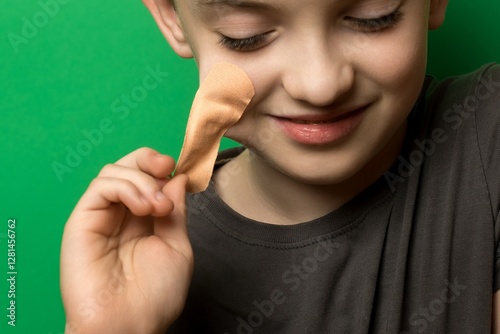 Smiling child applying bandage on cheek, green background, gray shirt, close-up.