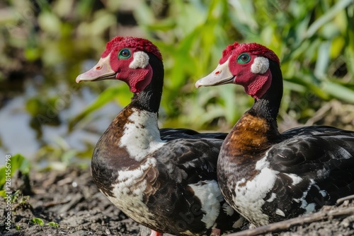 Two Muscovy Ducks with Red Heads Standing by Green Pond Water photo