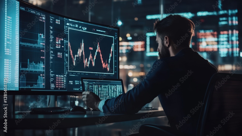A man is sitting at a desk with two computer monitors in front of him A man is sitting at a desk with two computer monitors in front of him