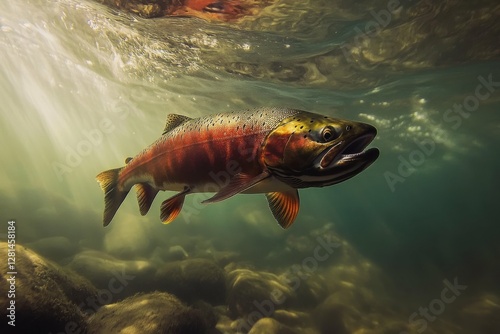 Upstream. Wild Chinook Salmon Spawning at Brooks Falls, Katmai National Park, Alaska