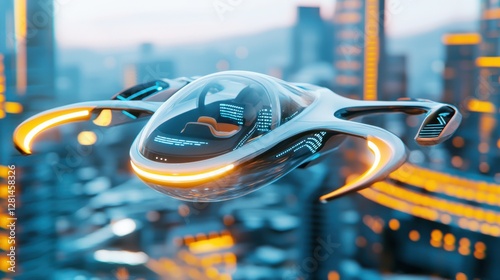 A sleek single passenger anti gravity drone car hovering above a futuristic smart city, featuring a transparent cockpit, voice activated controls photo