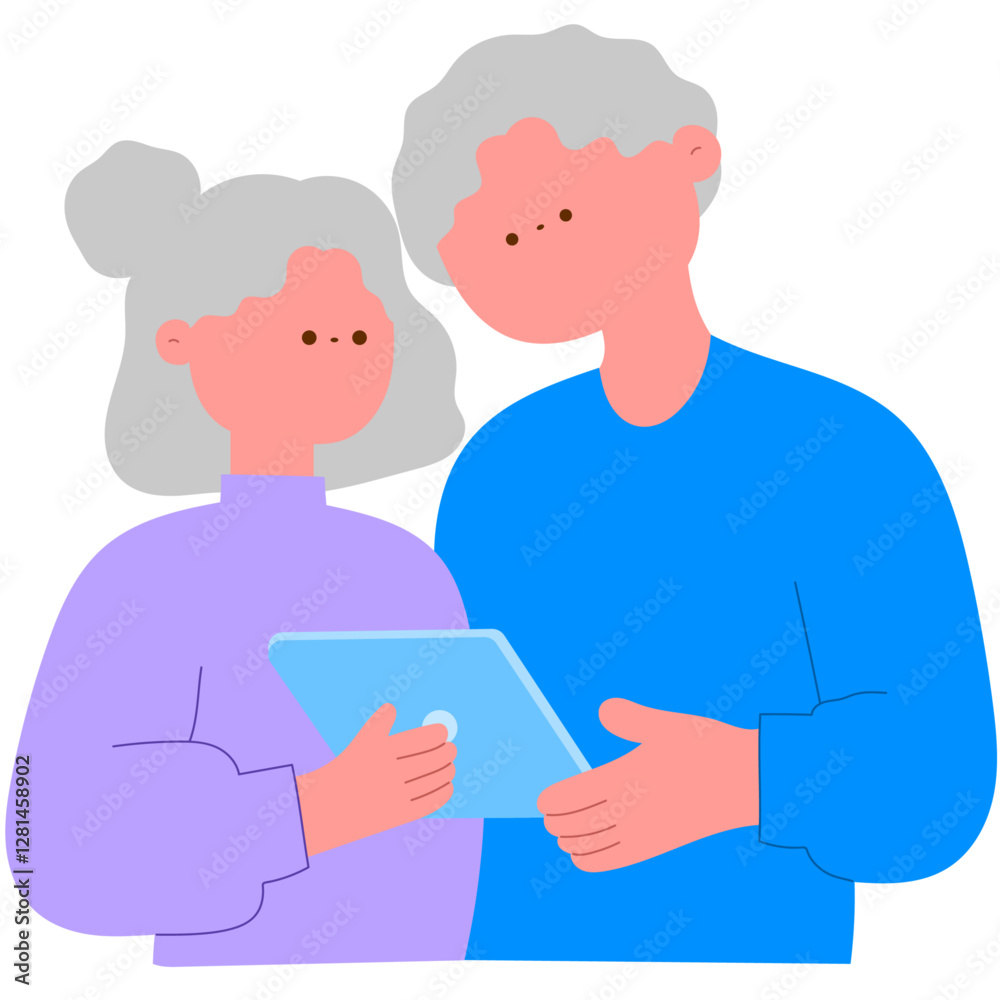 senior couple shopping online on a tablet, comparing deals flat vector illustration senior couple shopping online on a tablet, comparing deals flat vector illustration