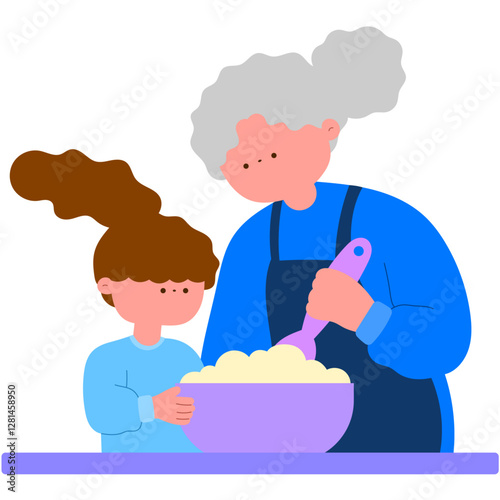 elderly woman cooking with grandchild, family cooking time flat vector illustration