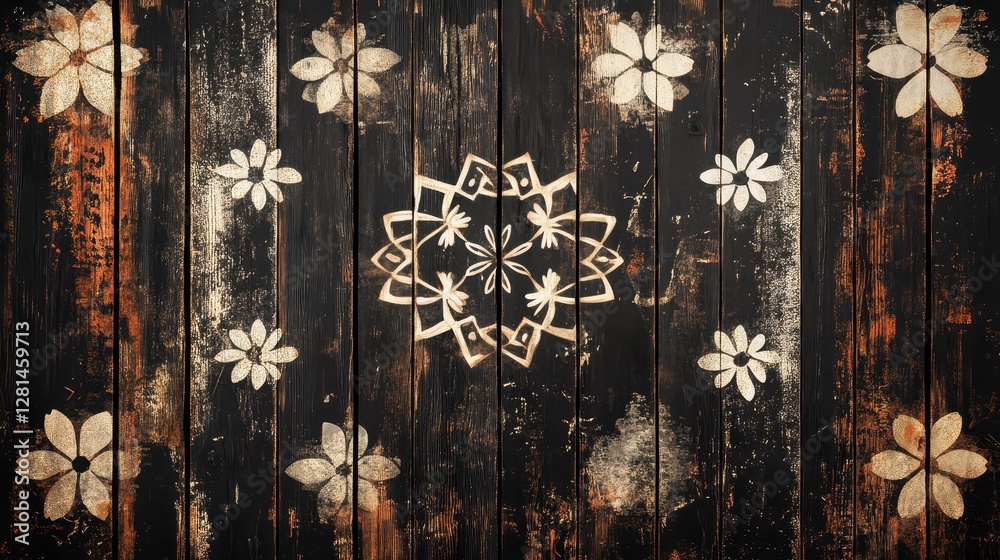 Weathered wooden textures overlaid with faded Asanoha motifs, blending natural materiality with traditional design Weathered wooden textures overlaid with faded Asanoha motifs, blending natural materiality with traditional design