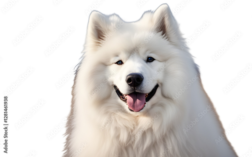 A fluffy Samoyed dog with a bright white coat smiling, isolated on a empty plain background A fluffy Samoyed dog with a bright white coat smiling, isolated on a empty plain background