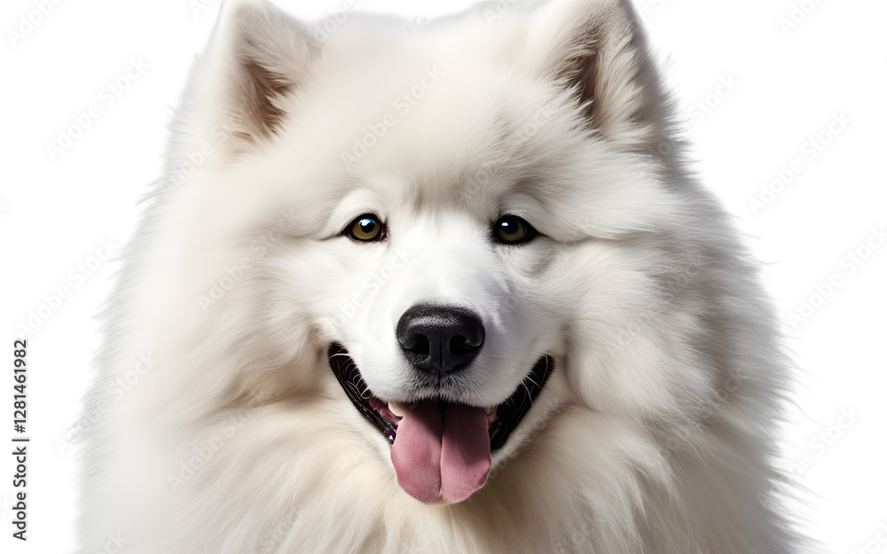 A fluffy Samoyed dog with a bright white coat smiling, isolated on a empty plain background A fluffy Samoyed dog with a bright white coat smiling, isolated on a empty plain background