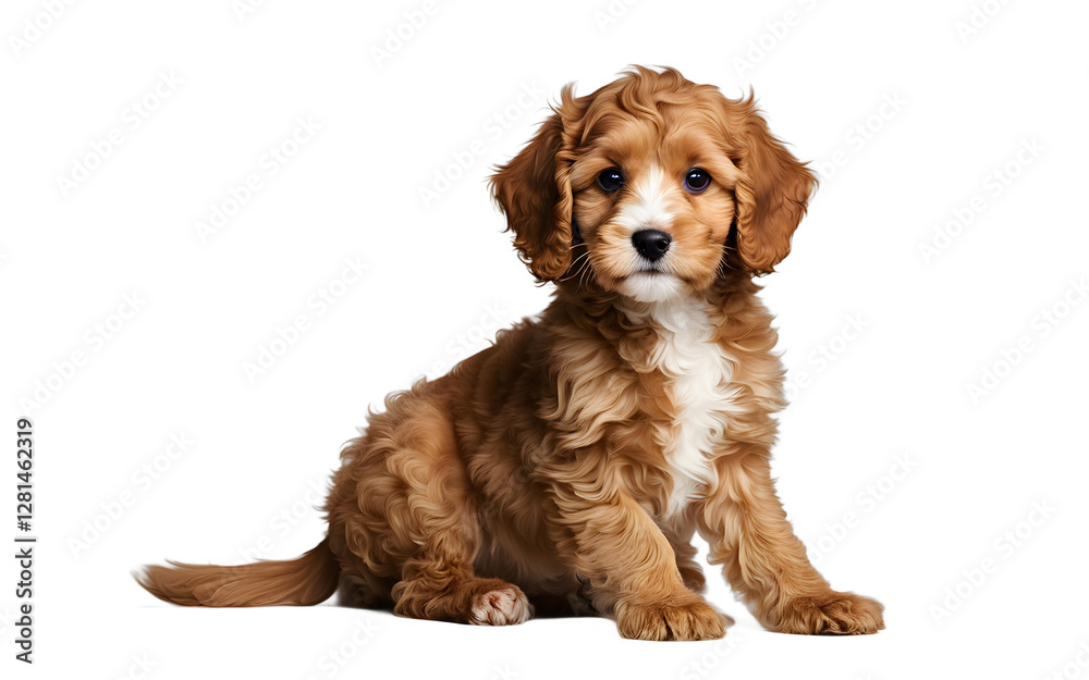 Fototapeta premium A happy Cavapoo puppy with curly fur wagging its tail, isolated on a empty plain background