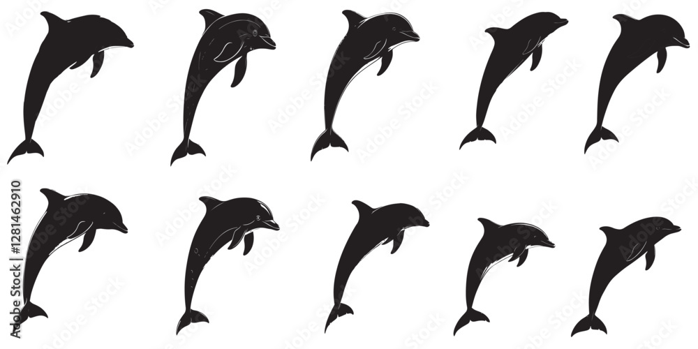 set of silhouettes of dolphin set of silhouettes of dolphin