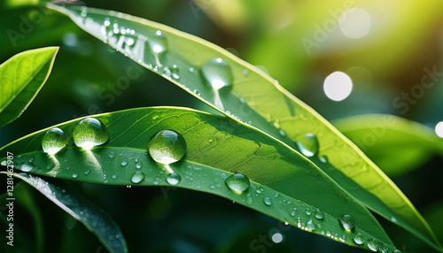 a close up of dew drops on green foliage showcasing nature s intricate details and vibrant colors with soft light enhancing the serene atmosphere