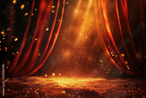 Grand Reveal: Red Velvet Curtain Opens to Golden Stage Lights, A Dramatic Theatrical Backdrop Perfect for Presentations, Performances, or Event Promotion. Showcase your product launch, concert        