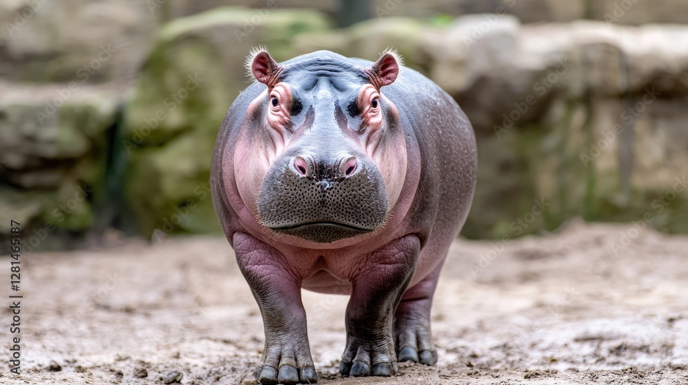 Hippopotamus zoo enclosure portrait, rocks background, wildlife Hippopotamus zoo enclosure portrait, rocks background, wildlife