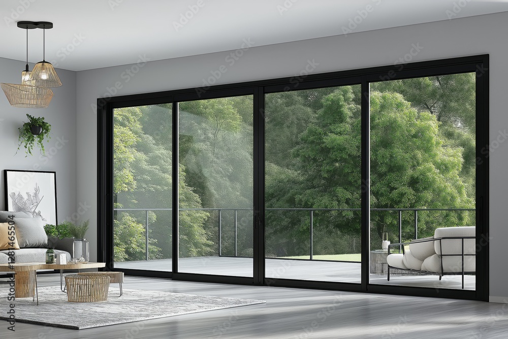 Obraz premium Modern living room with a minimalist black metal frame sliding door, large windows letting in natural light, and cozy Scandinavian decor.